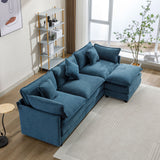 112.2" Chenille Upholstered Sofa with Ottoman and 5 Pillows - Blue