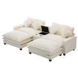 112.6" Chenille Upholstered Sofa with Two Ottomans, Two USB Ports, Two Cup Holders and Large Storage Box - Beige