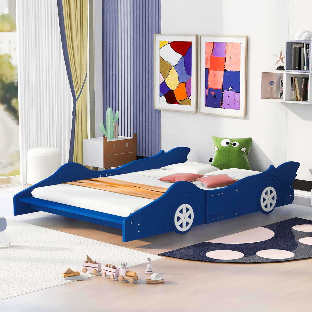 Full Size Race Car-Shaped Platform Bed With Wheels - Blue