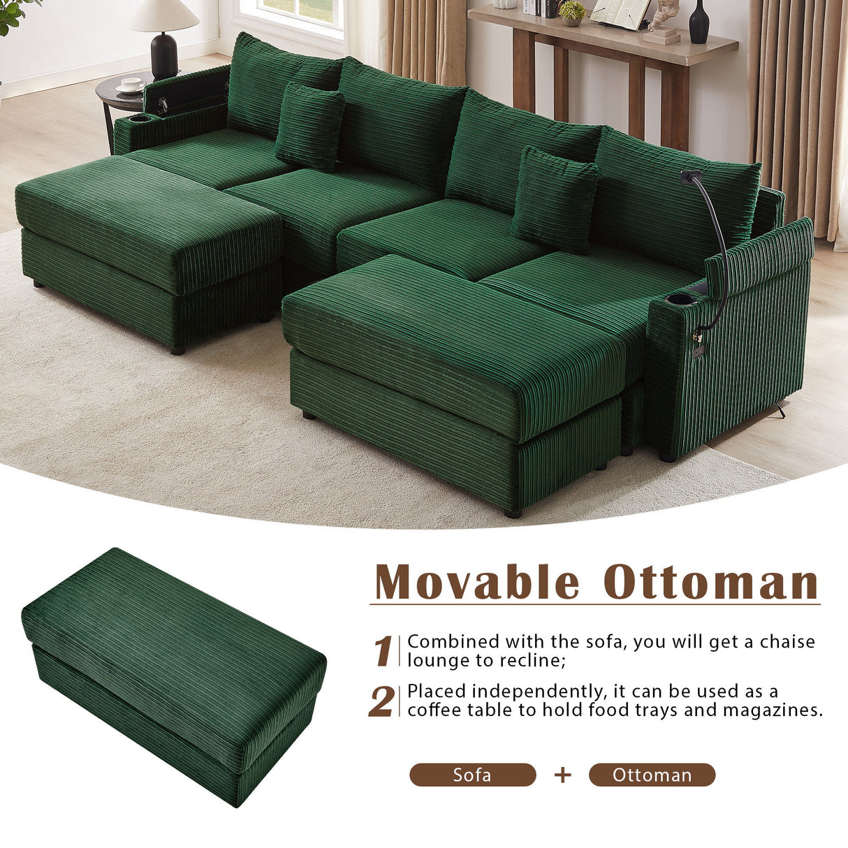 Modern Style Loveseat Sofa Sectional Sofa Couch With Storage Space, A Movable Ottoman, Two USB Ports, Two Cup Holders, A Phone Holder For Living Room