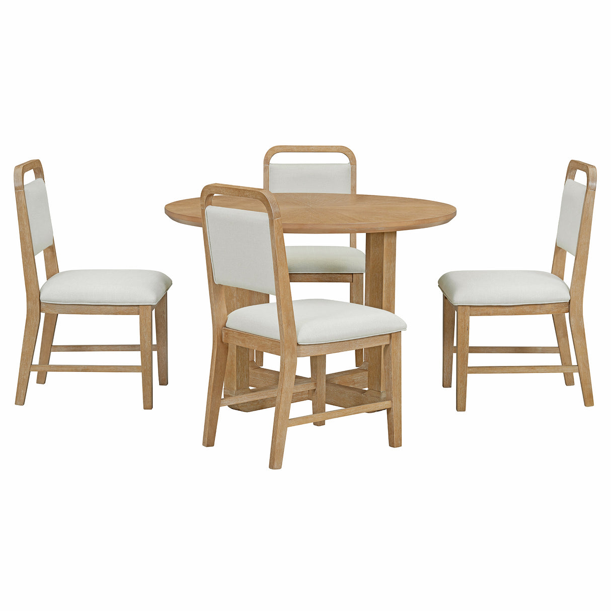 5-Piece Dining Set with Radial Wood Grain Design and 4 Upholstered Chairs for Dining Room and Kitchen (Natural Wood Wash)