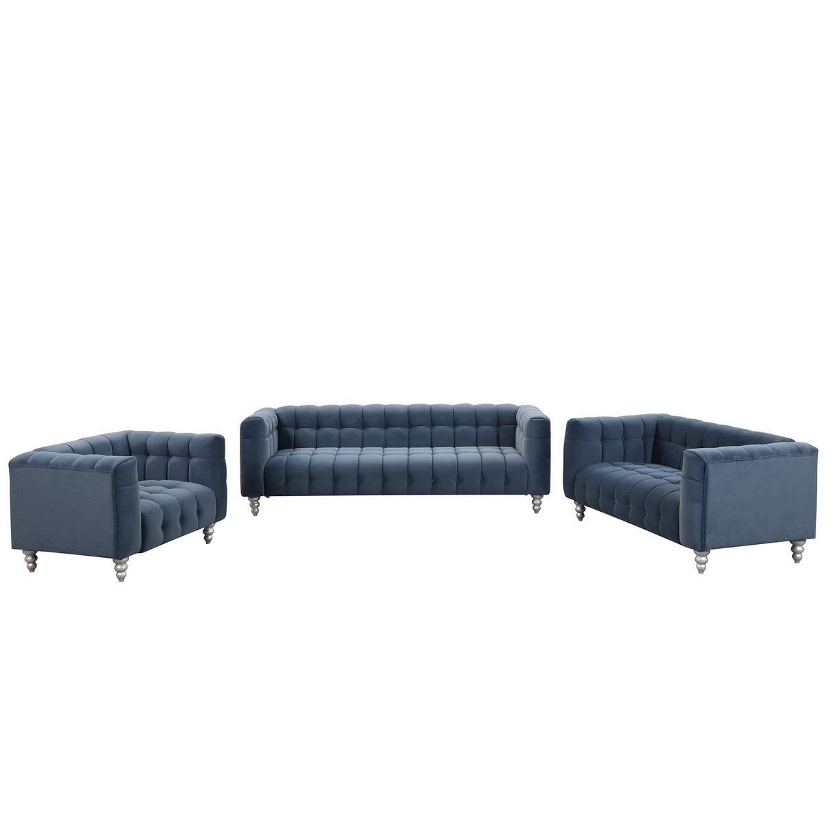 Modern 3-Living Room Set Including Sofa, love seat and Chair with solid wood legs, buttoned tufted backrest - Blue