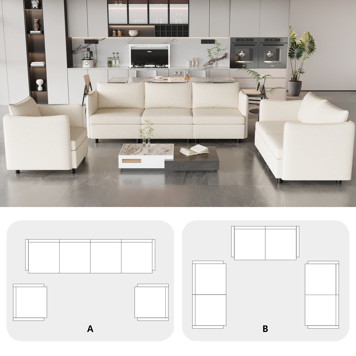 3 Piece Modular Living Room Set with Different Configurations, Off White