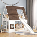 Wood Twin Size House Bunk Bed With Roof, Ladder And Slide - White / Brown