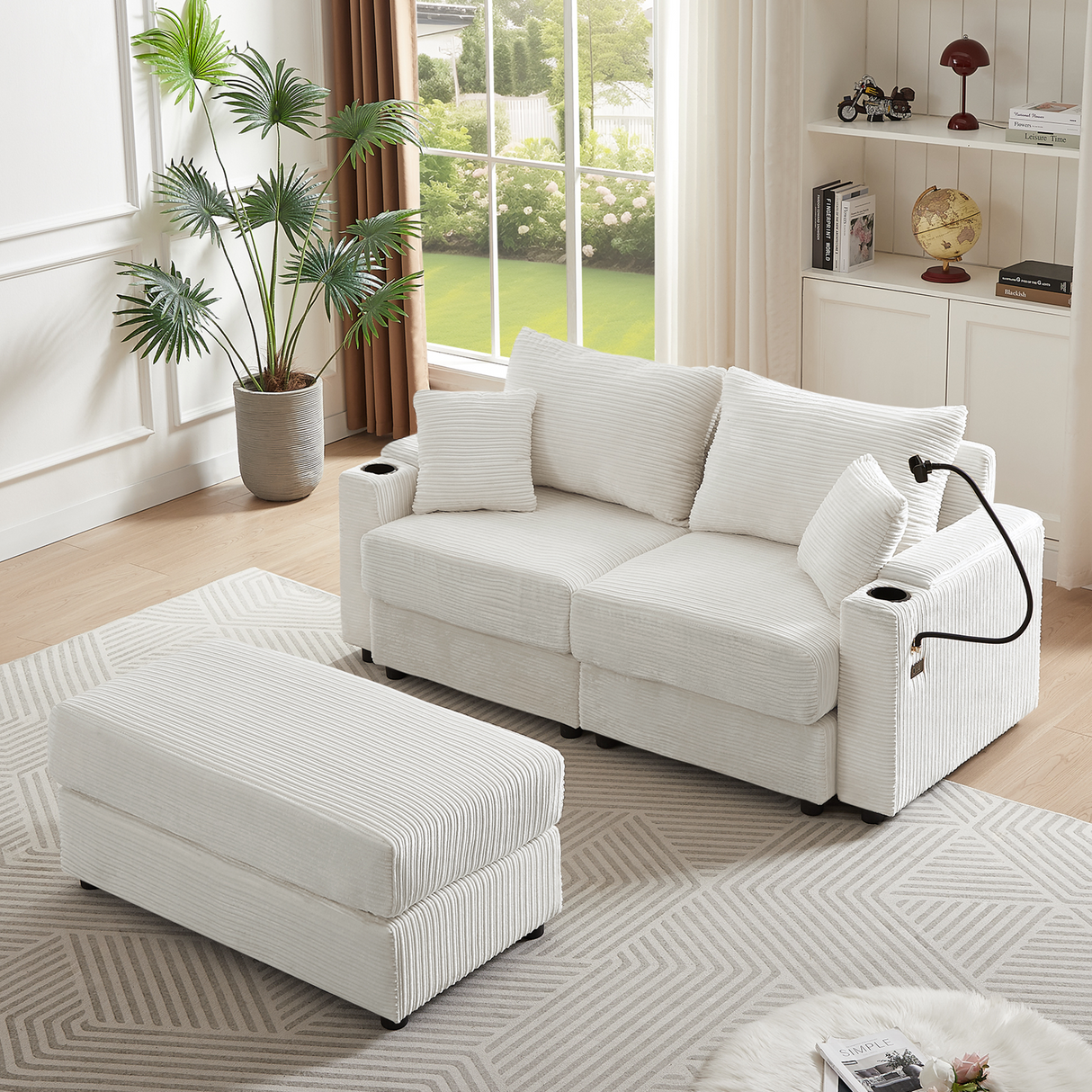 72.8" Modern Style Loveseat with Storage Space, Movable Ottoman, Two USB Ports, Two Cup Holders and Phone Holder - Beige