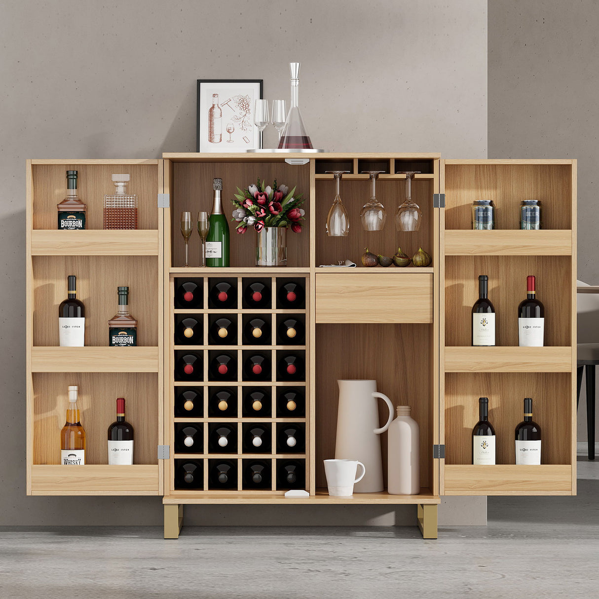 Bar Cabinet Carved Wine Cabinet With Storage - Natural