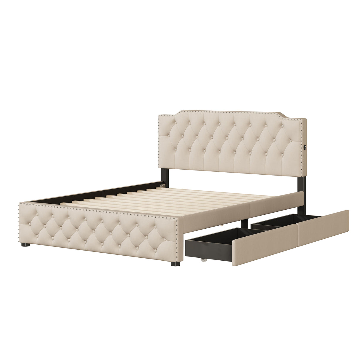 Upholstered Platform Bed With 2 Drawers And 2 Sets Of USB Ports On Each Side, Linen Fabric