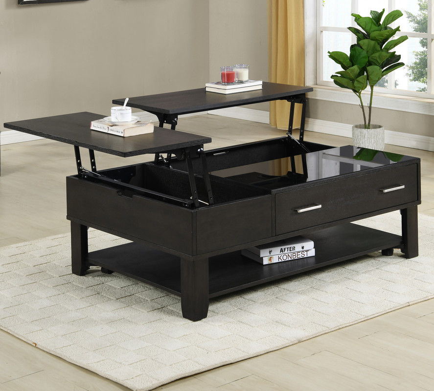 Bruno - Wooden Lift Top Coffee Table With Tempered Glass Top And Drawer - Ash Gray