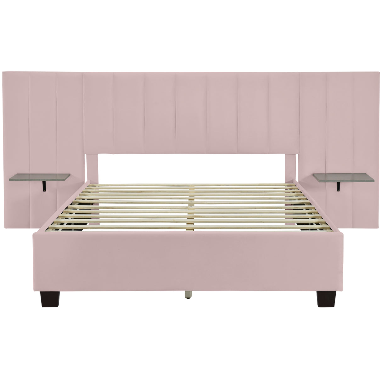 Queen Size Upholstered Platform Bed with Large Headboard - Velvet, Pink