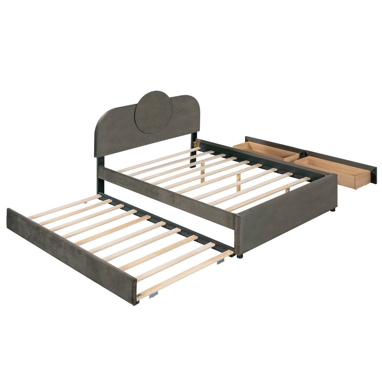 Full Size Upholstered Platform Bed with Multi-functional LED Headboard, Trundle and 2 Drawers, Gray