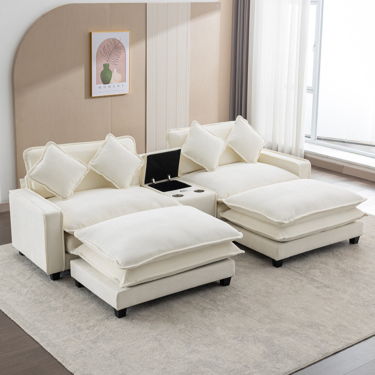 112.6" Chenille Upholstered Sofa with Two Ottomans, Two USB Ports, Two Cup Holders and Large Storage Box - Beige