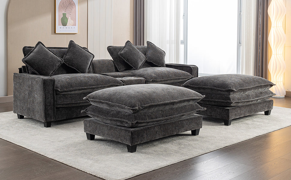 112.6" Chenille Upholstered Sofa with Two Ottomans, Two USB Ports, Two Cup Holders and Large Storage Box -Dark Gray