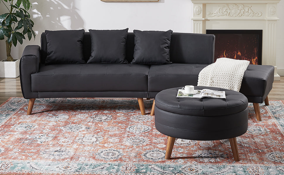 107" Contemporary Sofa with a Round Storage Ottoman and Three Removable Pillows - Black