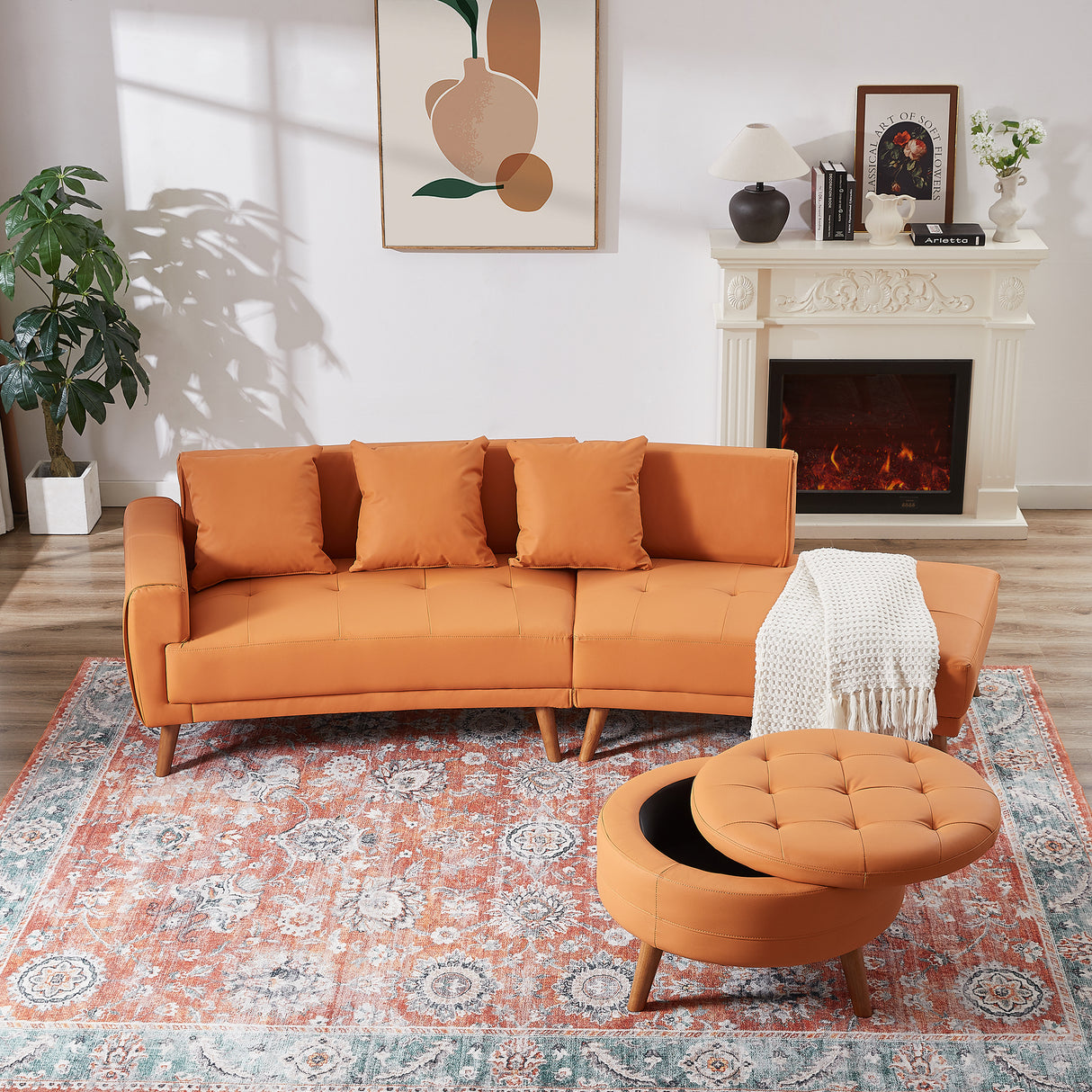 107" Contemporary Sofa with a Round Storage Ottoman and Three Removable Pillows - Orange