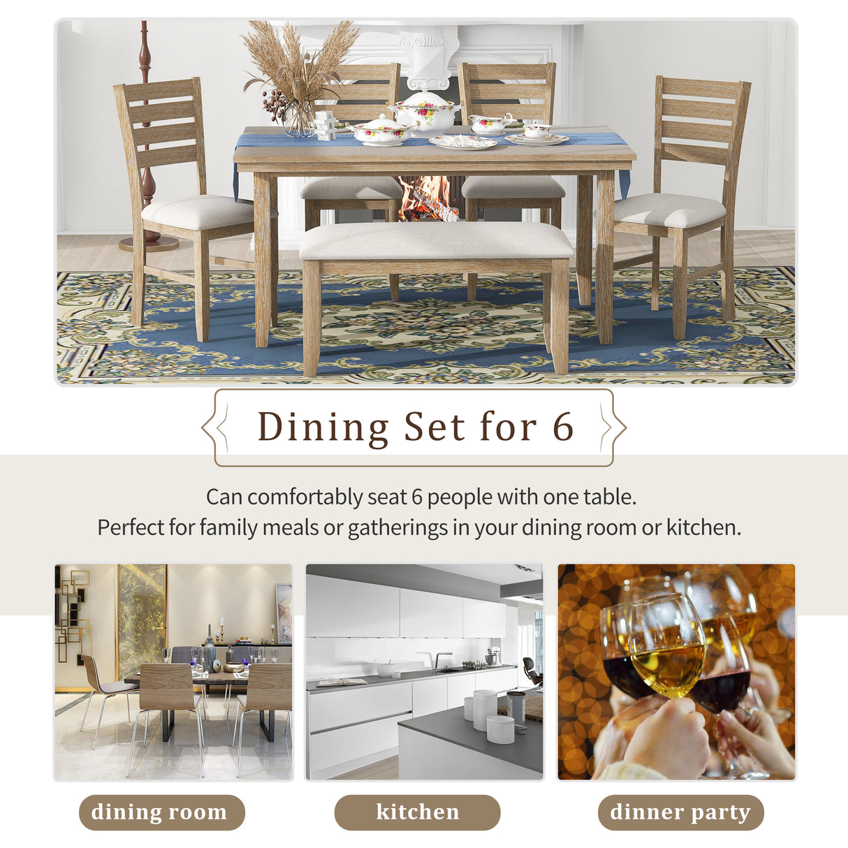 TREXM 6Pc  Dining Set (Natural Wood Wash)