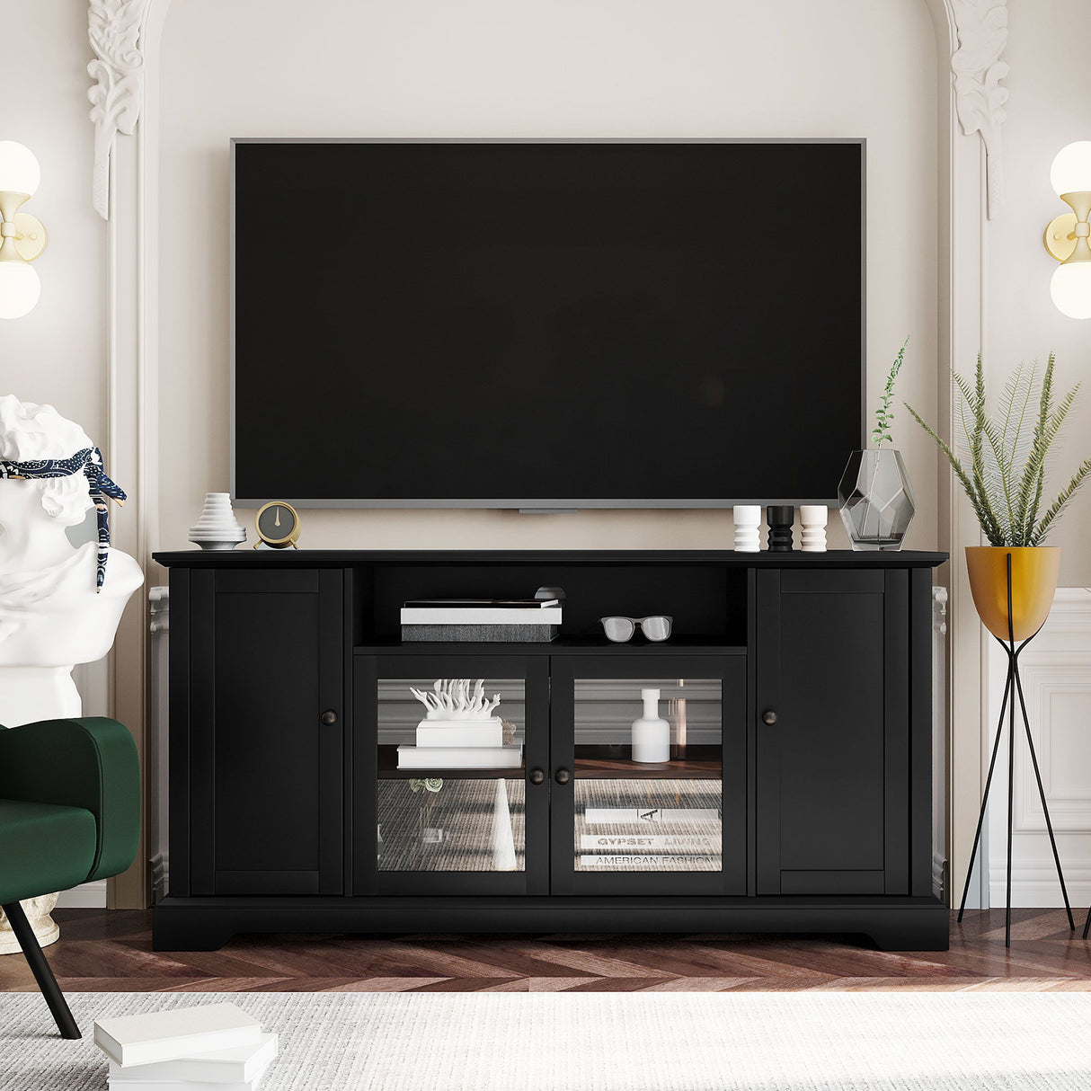 TV Stand For TV Up To 65In With 2 Tempered Glass Doors Adjustable Panels Open Style Cabinet, Sideboard For Living Room