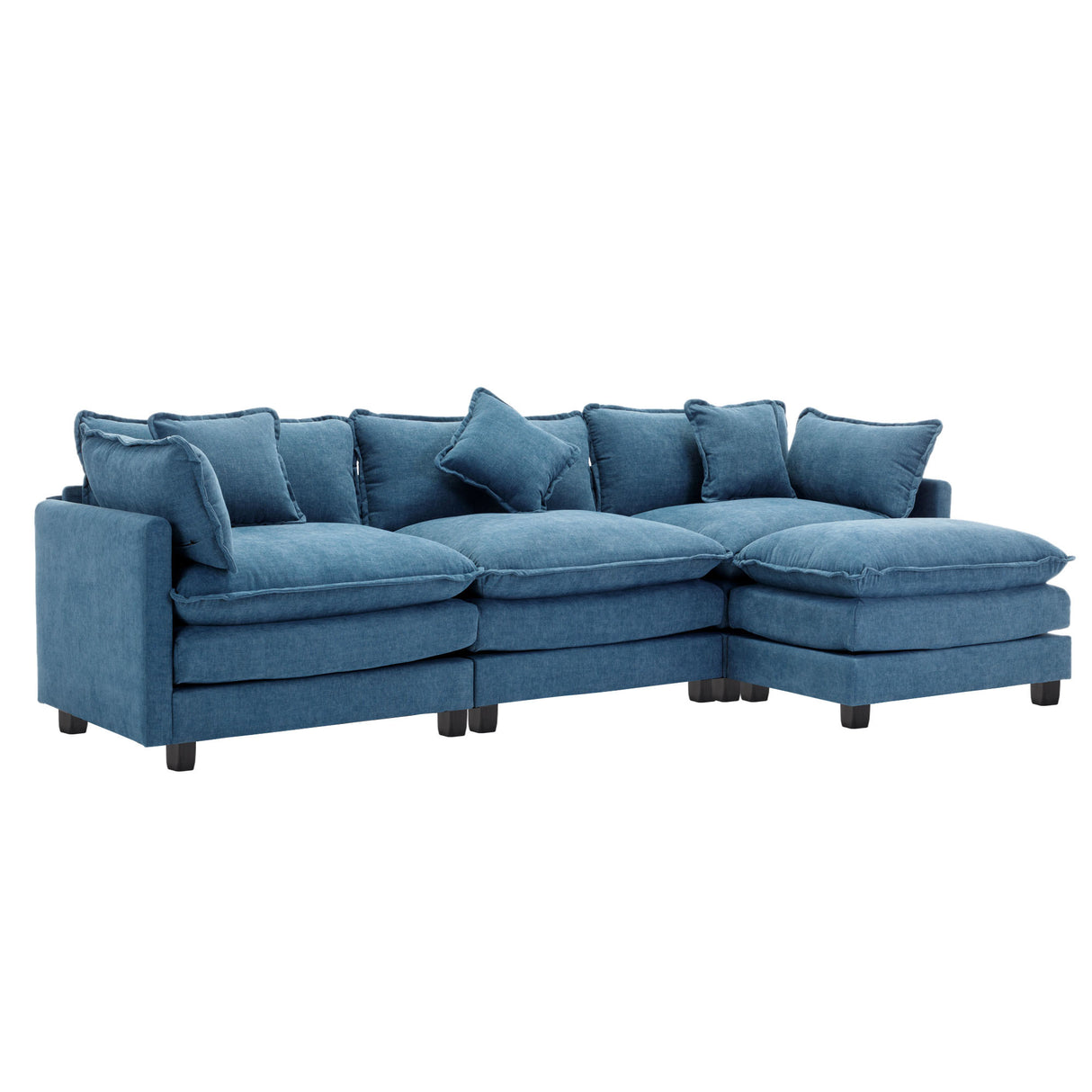 112.2" Chenille Upholstered Sofa with Ottoman and 5 Pillows - Blue