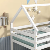 Twin Over Twin Loft Bed With Roof Design, Safety Guardrail, Ladder