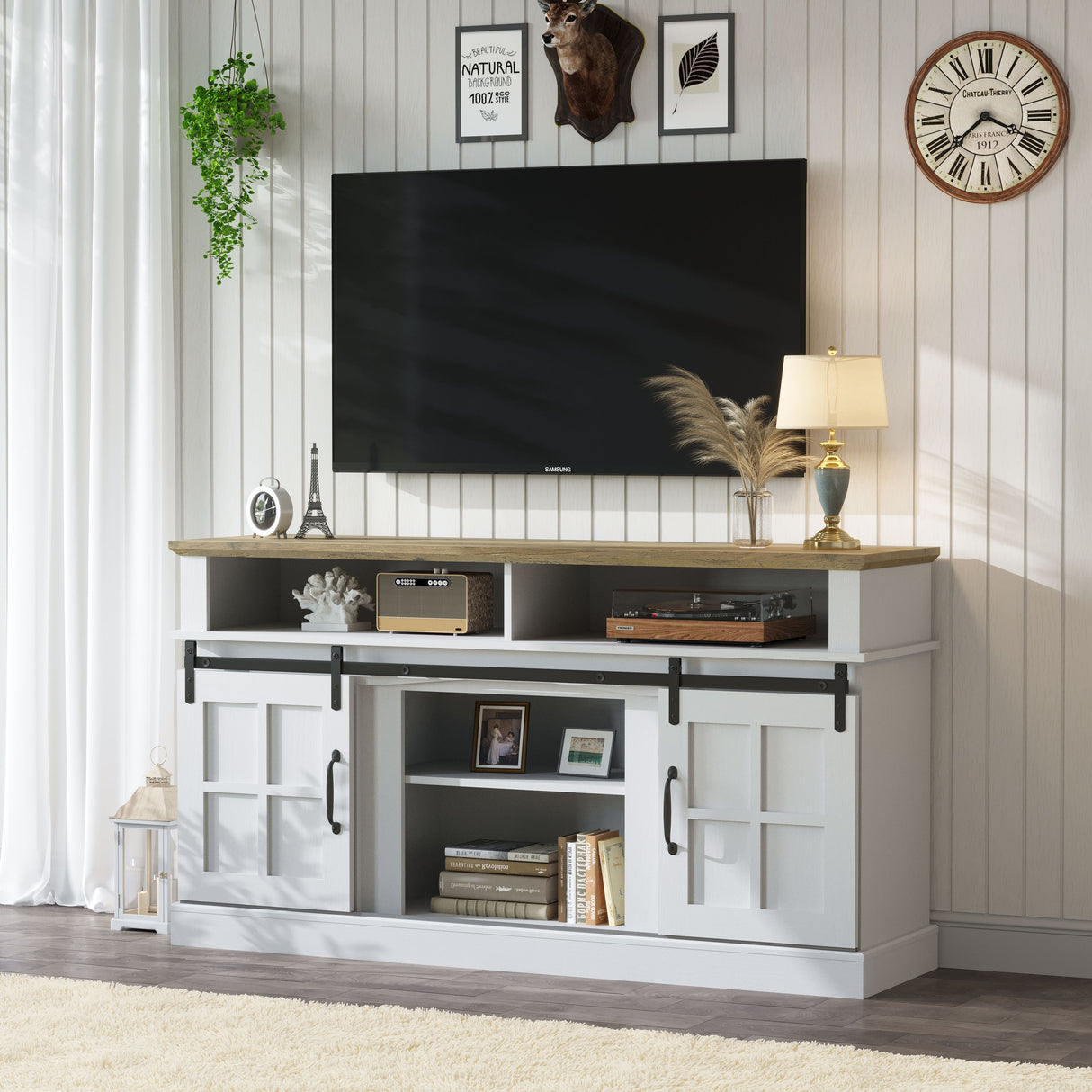 58" TV Stand With Storage Cabinet And Shelves - White