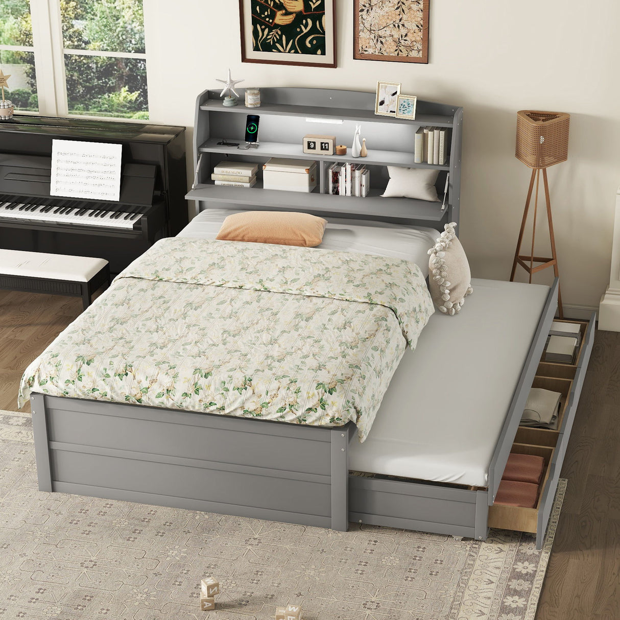 Wooden LED Platform Bed With Trundle, With Storage Headboard, With Drawers