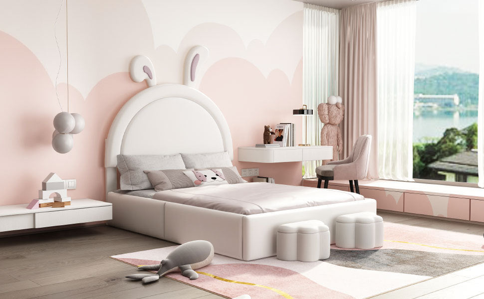 Full size Upholstered Rabbit-Shape Bed with 2 Storage Stools and Cartoon Ears Shaped Headboard, White