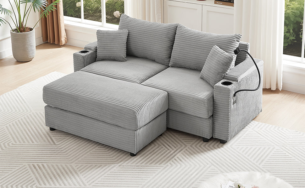 72.8" Modern Style Loveseat with Storage Space, Movable Ottoman, Two USB Ports, Two Cup Holders and Phone Holder - Gray