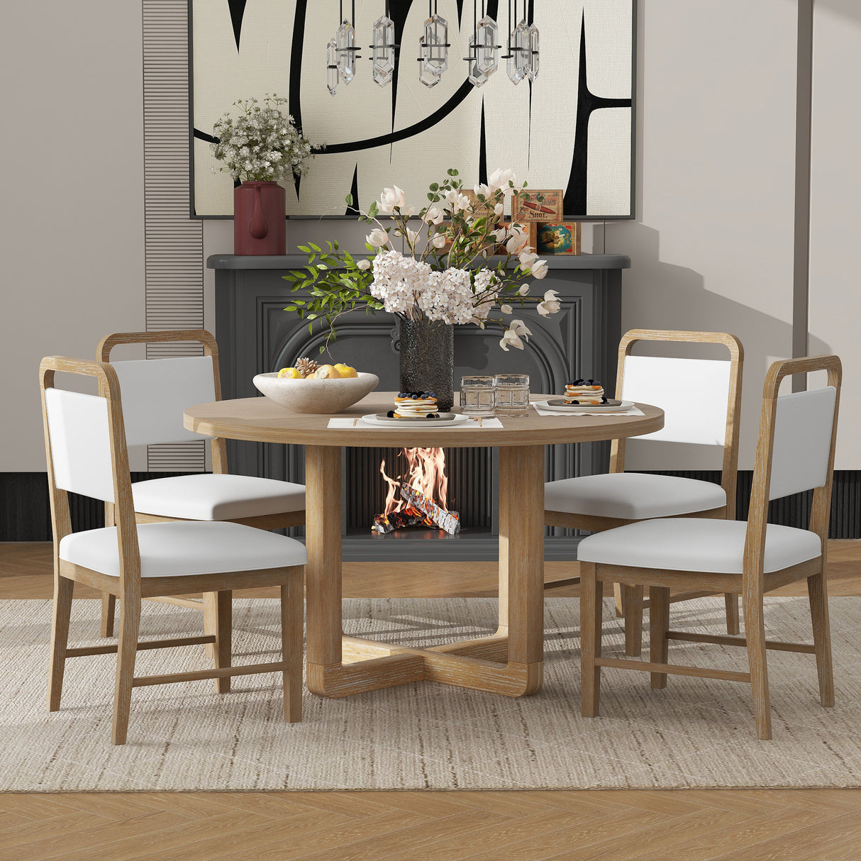 5-Piece Dining Set with Radial Wood Grain Design and 4 Upholstered Chairs for Dining Room and Kitchen (Natural Wood Wash)