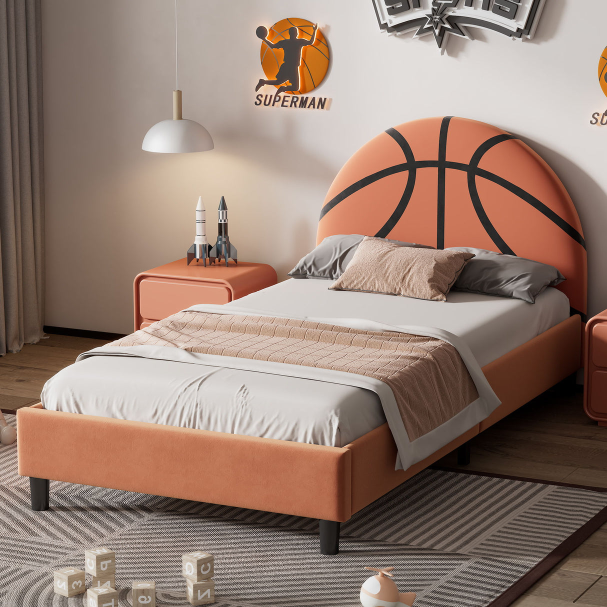 Basketball Design Upholstered Twin Platform Bed Sport Style - Orange