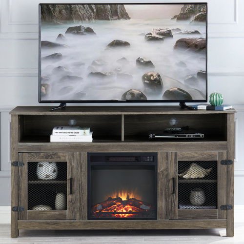 Rustic TV Stand With Electric Fireplace With Storage Cabinet And Adjustable Shelves - Gray