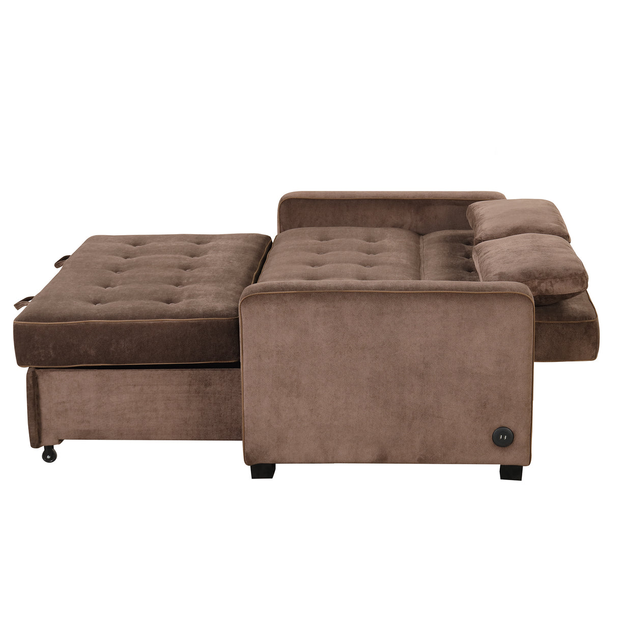 66.5" Upholstered Loveseat With Pull Out Bed, Two Throw Pillows, Dual USB Charging Port and Adjustable Backrest - Brown