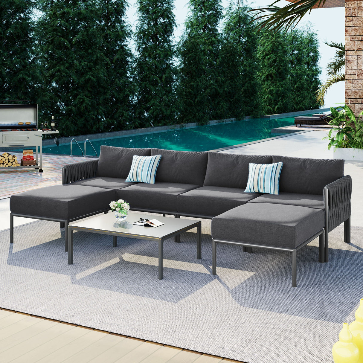 6 Piece Aluminum Patio Furniture Set With Removable Extra Thick Cushions - Gray