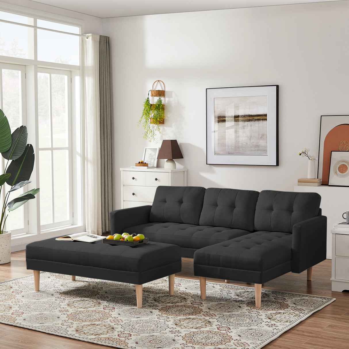 Right Facing Sofa Chaise with Ottoman - Black