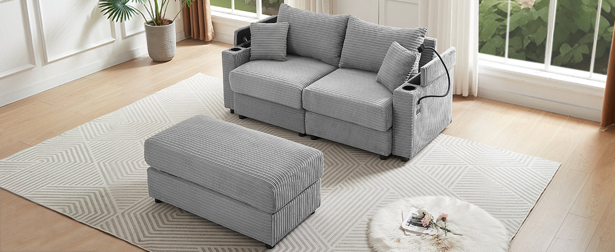 72.8" Modern Style Loveseat with Storage Space, Movable Ottoman, Two USB Ports, Two Cup Holders and Phone Holder - Gray