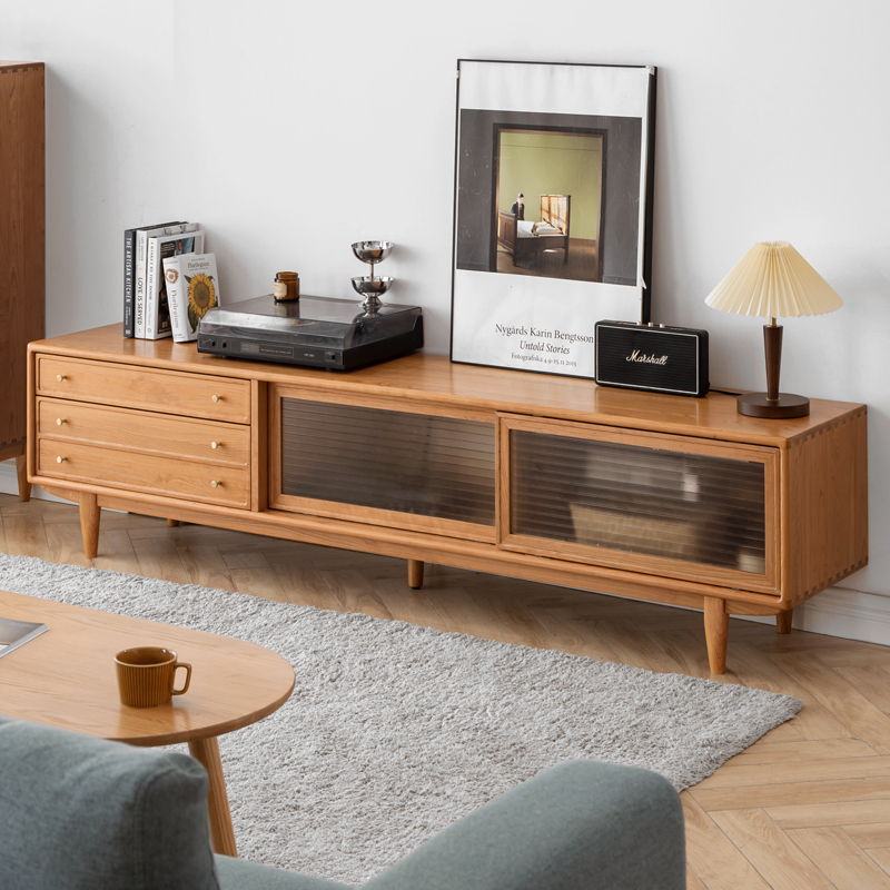 Oak TV Cabinet With Chinese Changhong Glass Doors and Two Drawer Storage - Cherry