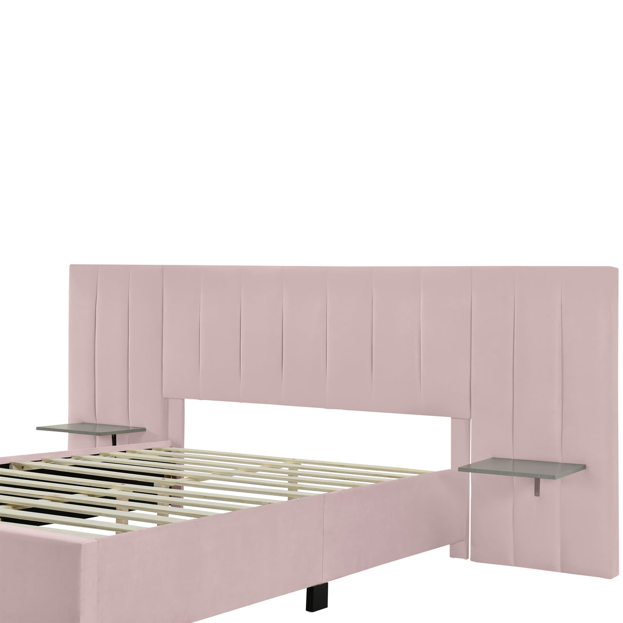 Queen Size Upholstered Platform Bed with Large Headboard - Velvet, Pink