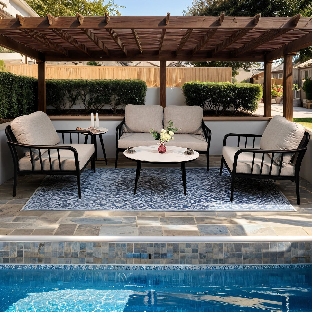 5 Piece Conversation Set With Removable Sunbrella Cushions And Table With Faux Carrara Marble Sintered Stone Top - Ember Black / White