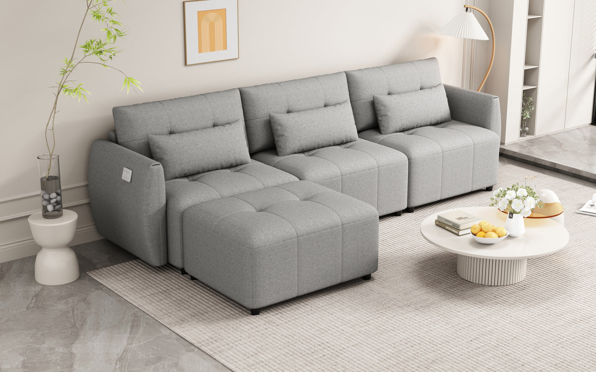 113.3" Modular Sectional Sofa with Ottoman, USB and USB-C Ports, Gray