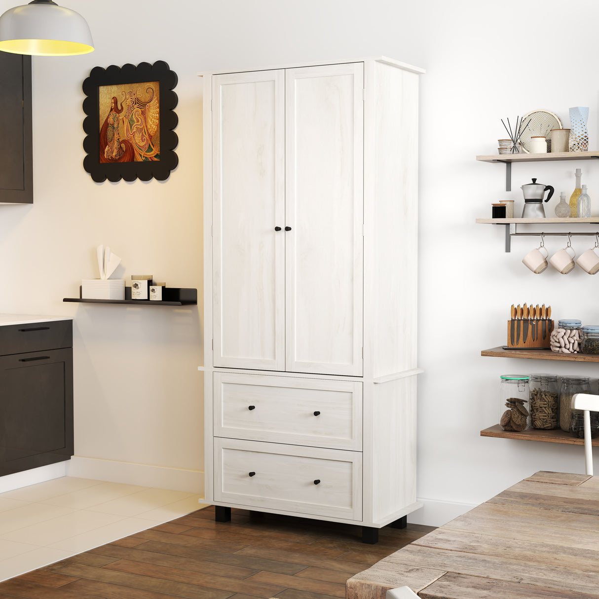 Kitchen Pantry Storage Cabinet With 2 Drawers And 3 Shelves - Antique White