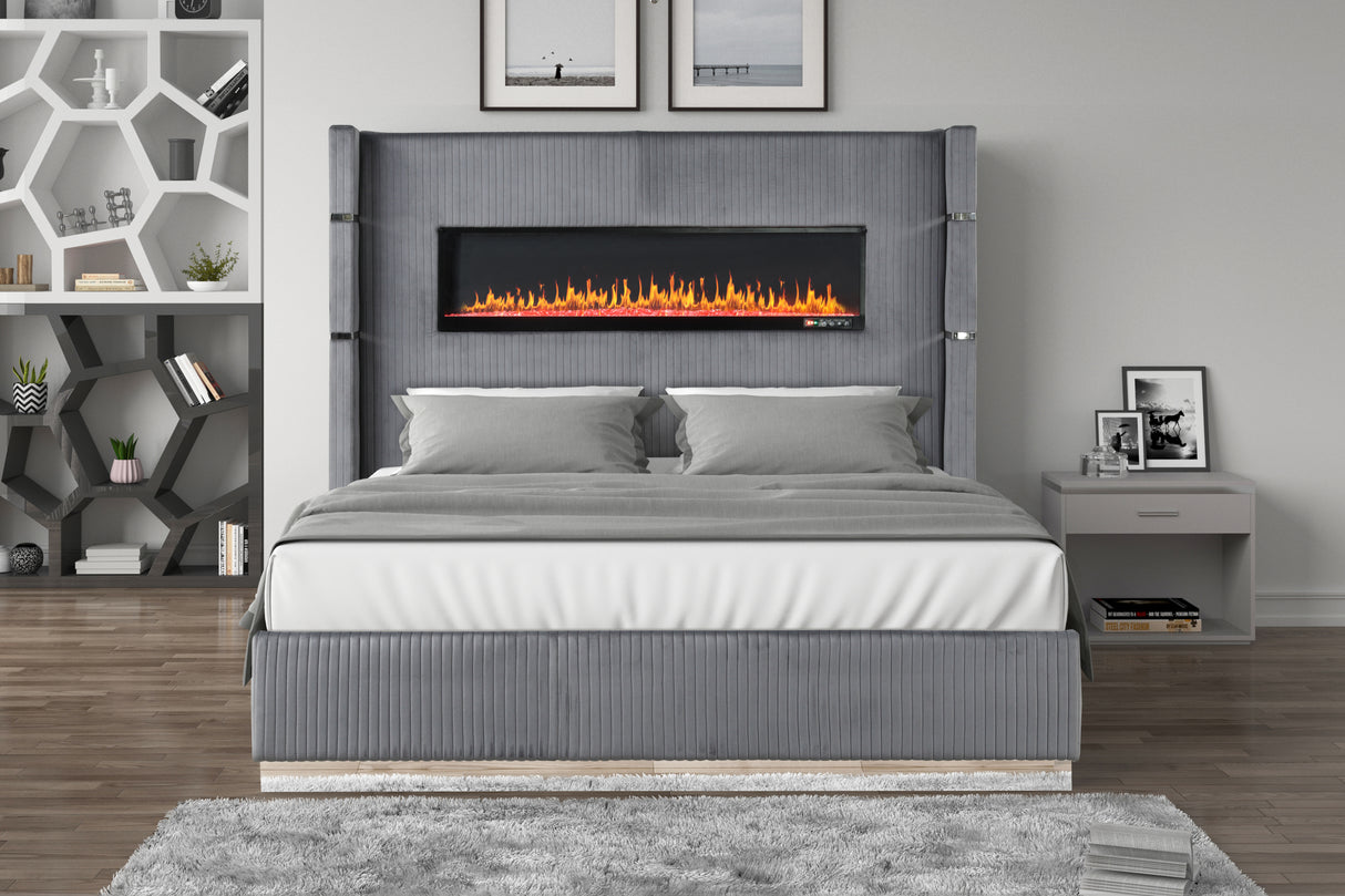 Upholstered Queen Bed with Fireplace in Gray Velvet Finish