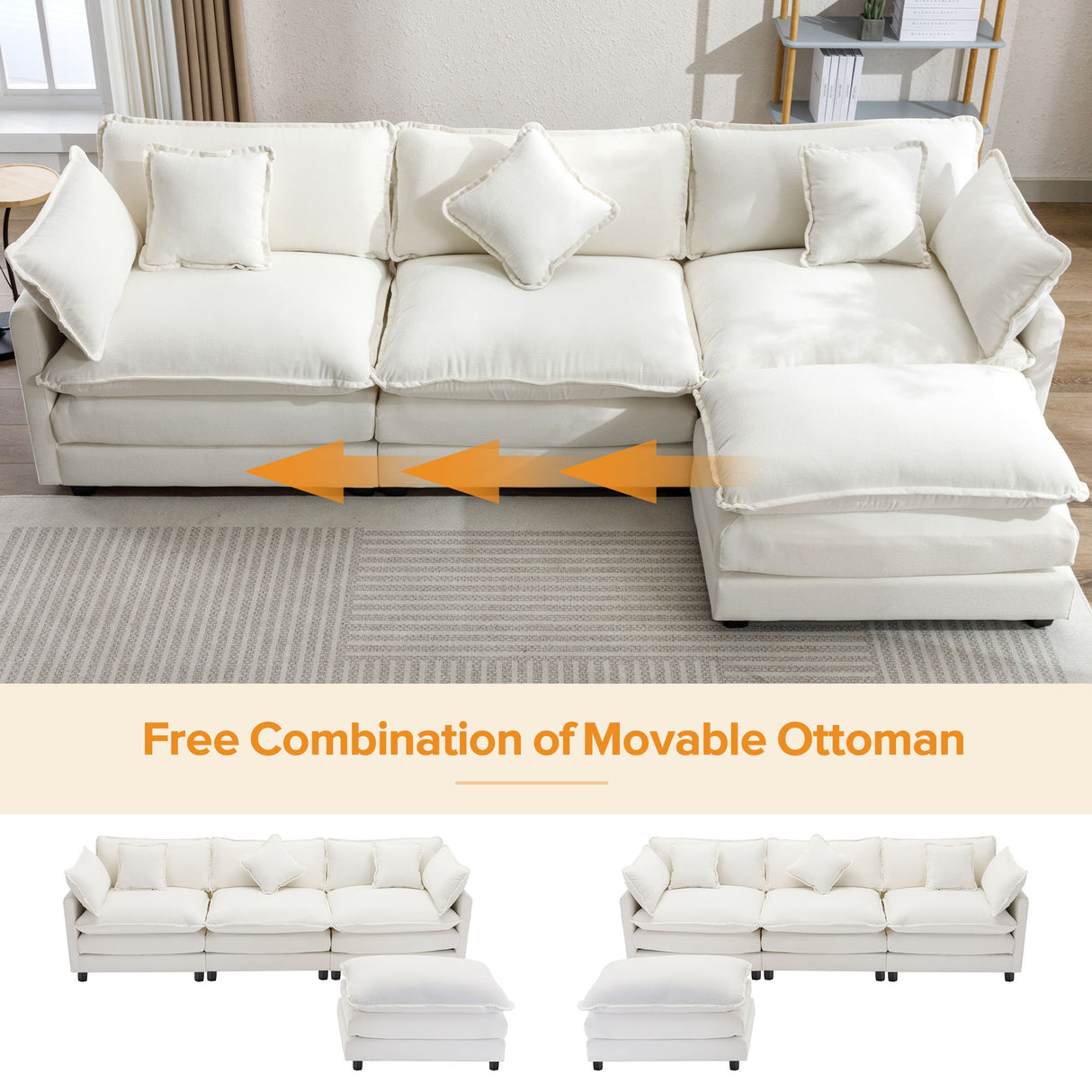 112.2" Chenille Upholstered Sofa with Ottoman and 5 Pillows - Off White