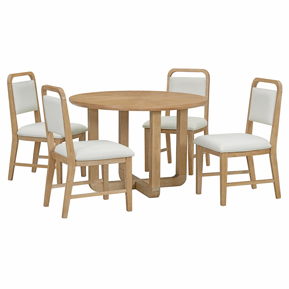 5-Piece Dining Set with Radial Wood Grain Design and 4 Upholstered Chairs for Dining Room and Kitchen (Natural Wood Wash)