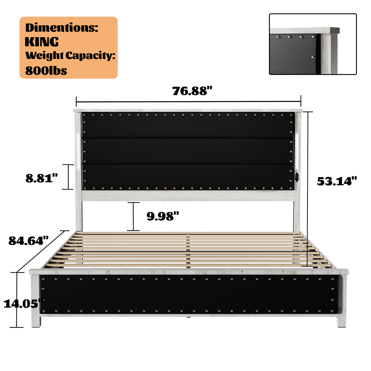 King Size Bed with Upholstered Headboard, Charging Station and LED Lights, Dark Grey