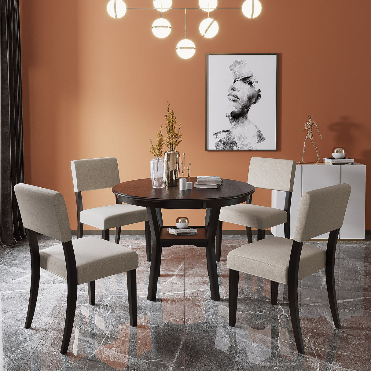 5 Piece Round Dining Table With Bottom Shelf, and 4 Upholstered Chairs - Espresso