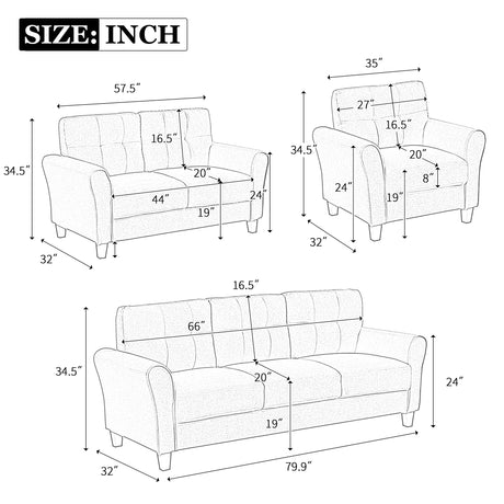 3 Piece Living Room Set Including Sofa, love Seat and Chair