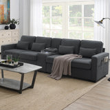 114.2" Upholstered Sofa with Console, 2 Cupholders, 2 USB Ports for Wired or Wireless Charge with 4 Pillows - Charcoal Gray