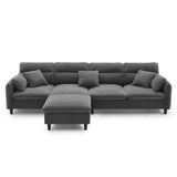 Modern  Sectional Sofa with Pillows and Ottoman - Gray