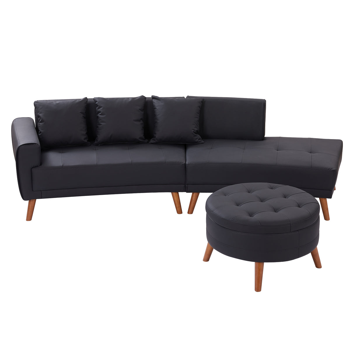 107" Contemporary Sofa with a Round Storage Ottoman and Three Removable Pillows - Black