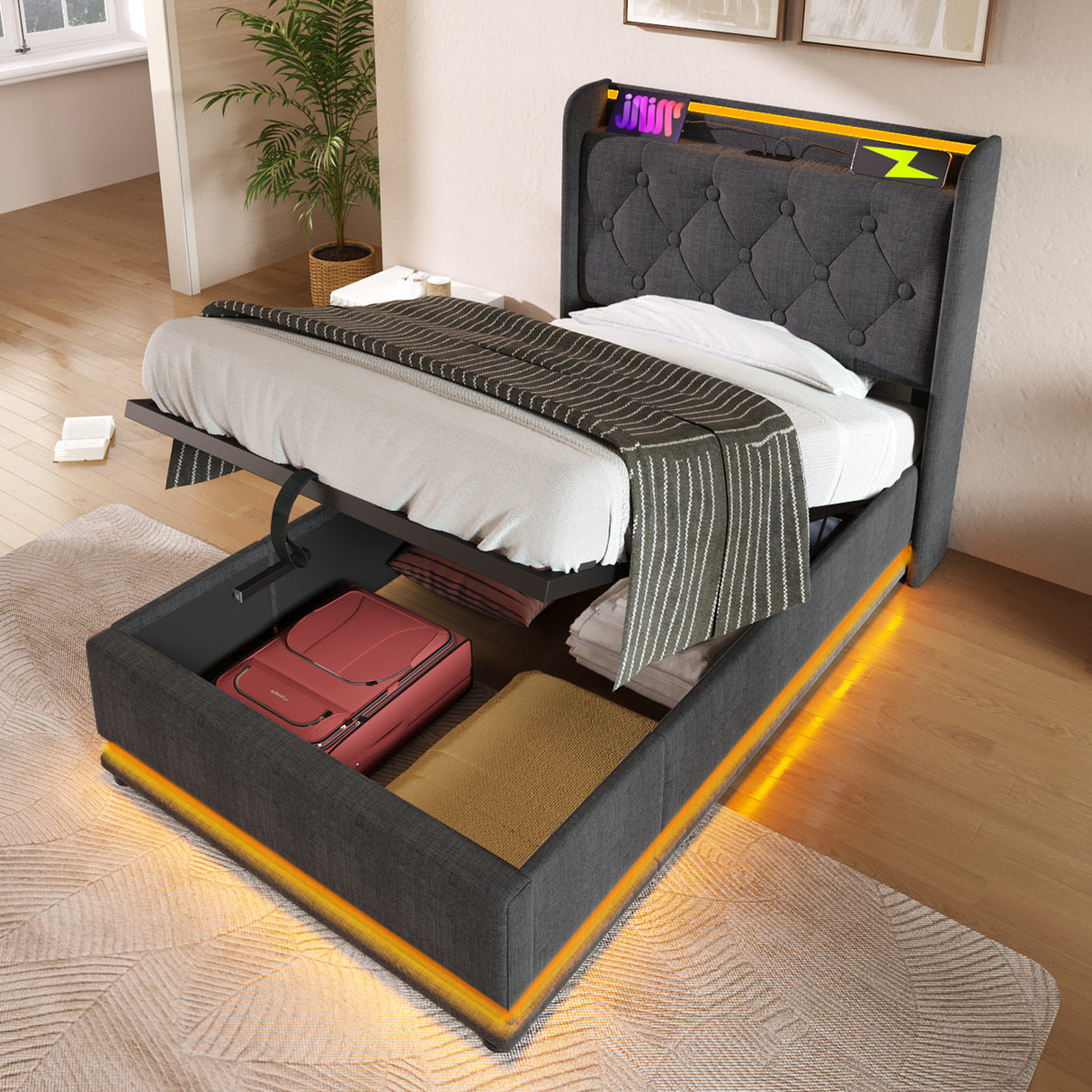 Twin Upholstered bed With 360 Surround LED, Remote Control, Hydraulic storage, USB Type-C charging - Gray