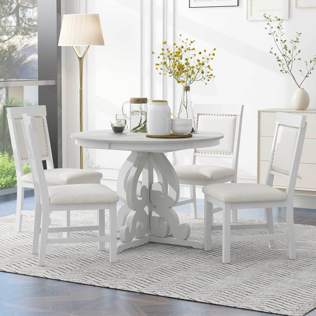 TREXM 5-Piece Retro Functional Dining Set with a 16-inch Leaf and 4 Upholstered Chairs (Antique White)