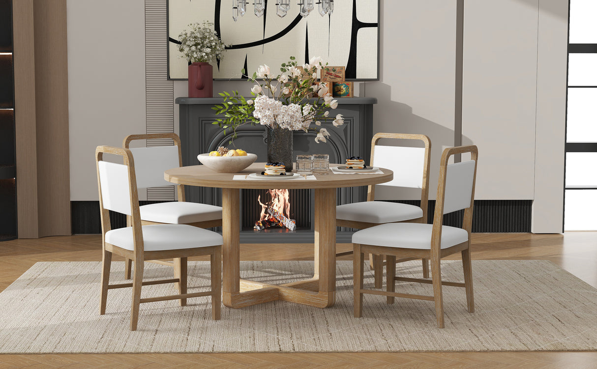 5-Piece Dining Set with Radial Wood Grain Design and 4 Upholstered Chairs for Dining Room and Kitchen (Natural Wood Wash)